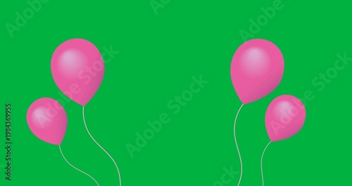 Digital animation of multiple pink round balloons floating against black background