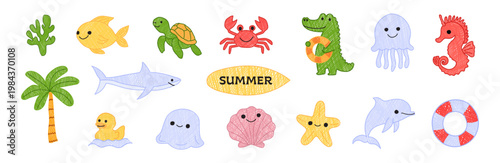 Doodle hand-drawn summer beach kids illustration of sea creatures,beach icons:jellyfish,crab,fish,dolphin,shark, turtle,seahorse,starfish,coral,palm tree,surfboard,duck. Playful naive childish icons.