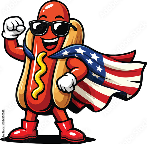 cartoon hot dog superhero wearing sunglasses and American flag cape isolated on white background vector illustration