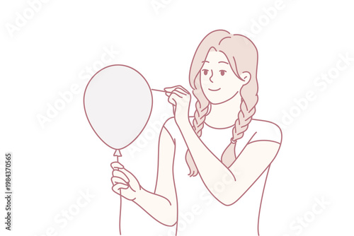 Young woman pierces balloon with needle and looks forward smiling. Teenager girl in casual clothes wanting to scare someone wants to burst red inflatable balloon. Flat vector illustration