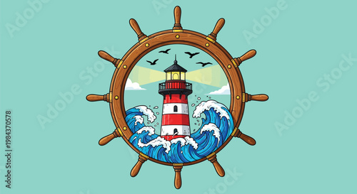 Nautical, lighthouse, ship wheel, vector icon, maritime symbol, ocean waves