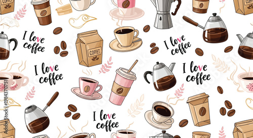 Coffee, coffee pattern, coffee cup, coffee beans, seamless design