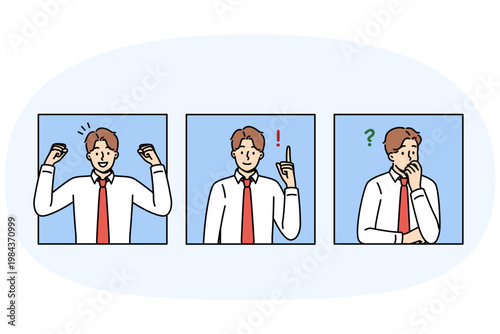 Business man thinks about question and rejoices after finding solution or having good idea. Successful guy in office employee thinks about professional problem and then waves hands positively