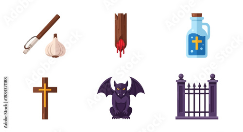 Spooky Halloween Symbols Collection with garlic, cross, bat, and graveyard gate