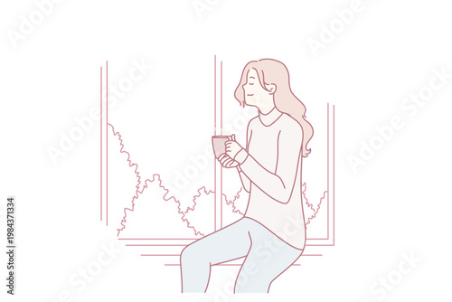 Attractive woman drinks tea sitting on windowsill and enjoys relaxing during break from work. Positive girl dreaming and watching landscape through window with cup coffee in hands. Flat vector image