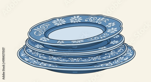 Stack of blue oval plates with floral patterns