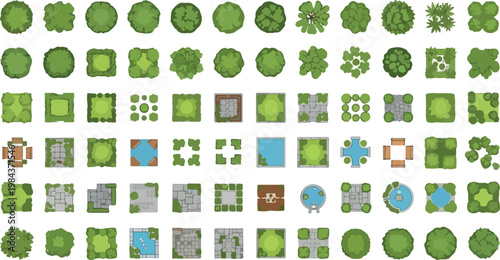 Landscape design symbols in top view, architectural garden plan elements vector set, green trees and park furniture icons for site mapping