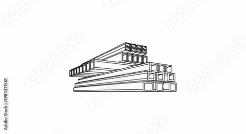 Stack of hollow rectangular metal bars, clean line art drawing