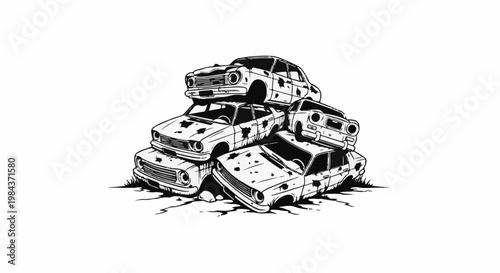 Stack of old, decaying cars piled up in a heap