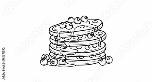 Stack of pancakes drizzled with syrup and topped with blueberries