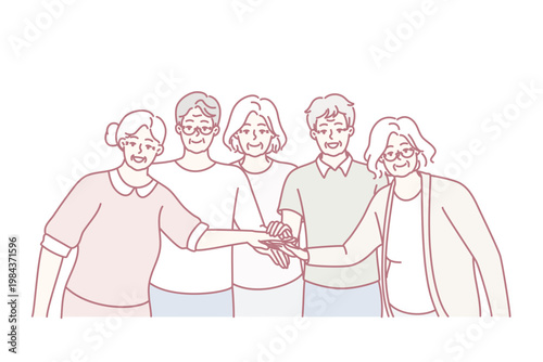Elderly men and women with gray hair stand with hands outstretched to center demonstrating solidarity. Friendly pensioners from nursing home in casual clothes smiling. Flat vector image