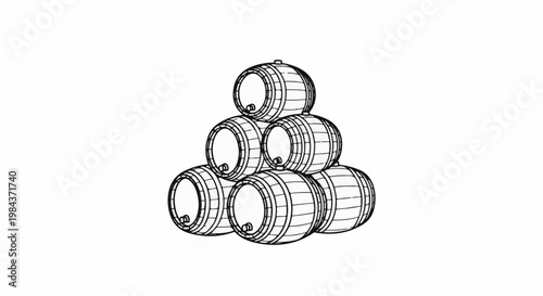Stack of wooden barrels with banded construction, sketch