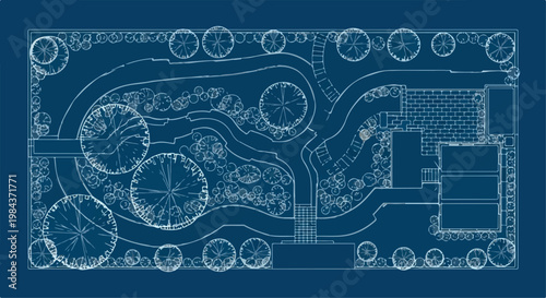 Top View Landscape Design Blueprint with Garden Plan and Architectural Layout