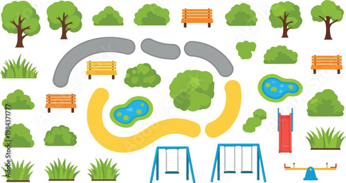 Flat park map elements set, green trees and bushes vector icons, playground equipment with benches and ponds for landscape design