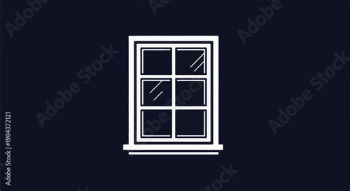 Simple white outlined window with six panes on dark blue background