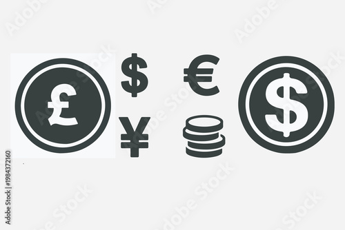 2 financial icons, deep black silhouettes, hand drawn Illustrator vector style, including 1) dollar symbol, 2) euro symbol, 3) pound symbol, 4) yen symbol, 5) stack of coins, uniform style, minimalist