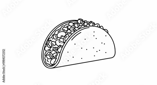Simple line art illustration of a taco filled with beans and cubed ingredients on a white background