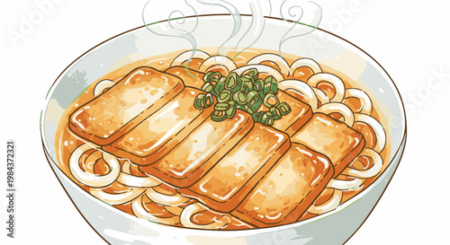 Steaming bowl of udon noodles topped with savory fried tofu and spring onions