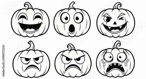 Six different illustrated pumpkins with various facial expressions