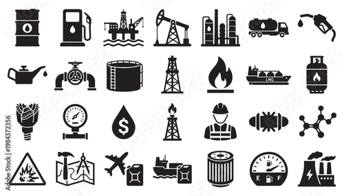 Professional petroleum vector icons collection featuring drilling rigs tankers pipelines fuel pumps and industrial equipment for energy sector designs