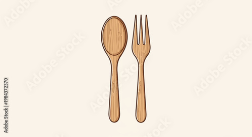 Simple wooden spoon and fork on a light beige background