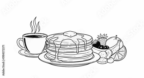 Steaming coffee cup next to syrup-dripping pancakes and fresh fruit