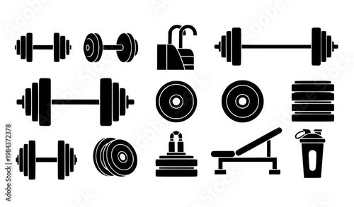 Black and White Bodybuilding Equipment Vector Set with Dumbbells Barbell and Gym Icons