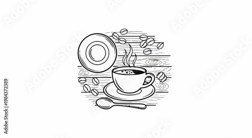 Steaming coffee cup, saucer, spoon, beans, and plate on a wooden surface