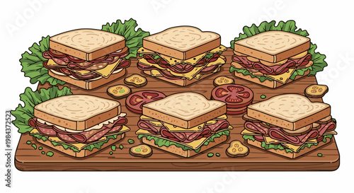 Six stacked deli sandwiches with lettuce, cheese, and meat on a wooden board