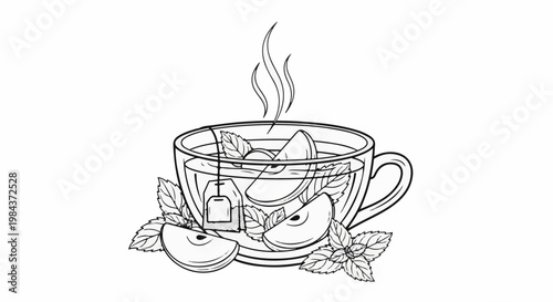 Steaming cup of tea with apple slices and mint leaves