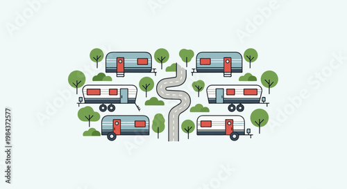 Six stylized vintage campers arranged around a winding road