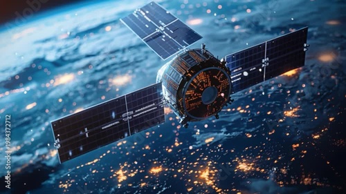 Wallpaper Mural The satellite orbits Earth at night, its solar panels and instruments visible as it gazes down upon illuminated city lights, distinguishing urban areas from vast natural landscapes below Torontodigital.ca