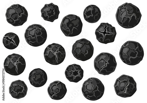 A collection of black cracked soccer balls on a white background