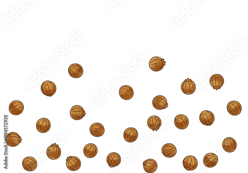 A collection of hazelnuts scattered on a surface indoors.