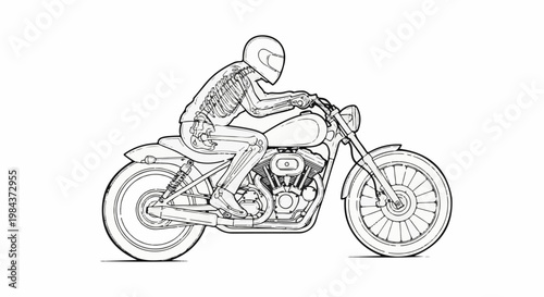Skeleton rider on a detailed motorcycle, line art sketch
