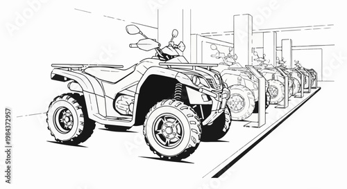 Several all-terrain vehicles lined up in a row for sale or rent indoors