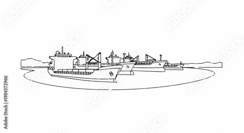 Several cargo ships docked in a harbor on a calm day