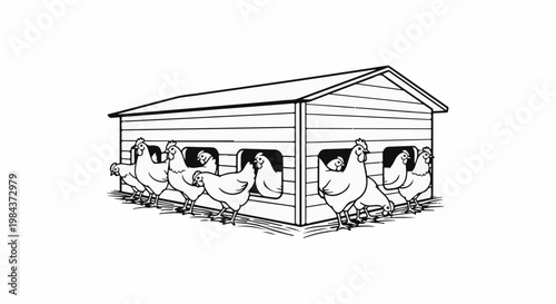 Several chickens are standing around a wooden coop with openings