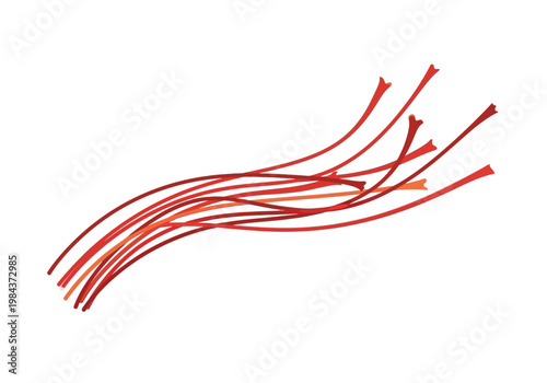 Several red cables with connectors are organized and fanned out on a surface.