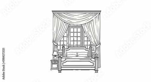 Sketch of a bedroom with a grand bed, draped curtains, and a window