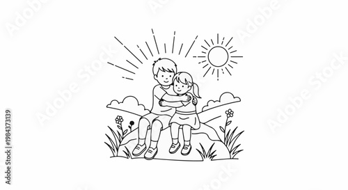 Siblings embracing outdoors under a radiant sun with clouds and flowers