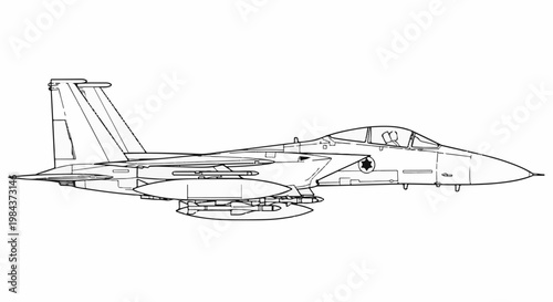 Side profile line drawing of a fighter jet with twin tails, carrying external ordnance