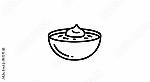 Simple line drawing of a bowl of food with a dollop of sauce