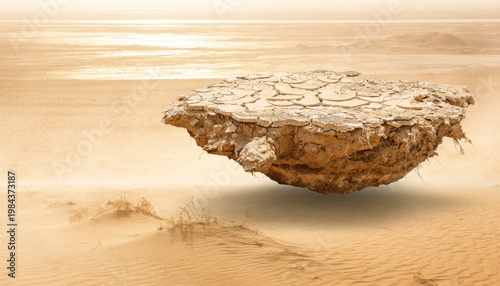 Floating Cracked Earth Piece Above Sandy Arid Landscape