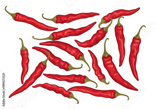 A vibrant collection of red chili peppers are scattered on a clean surface