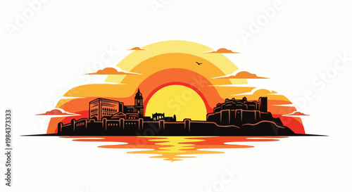 Silhouette of a city skyline with a castle and buildings against a dramatic sunset reflection