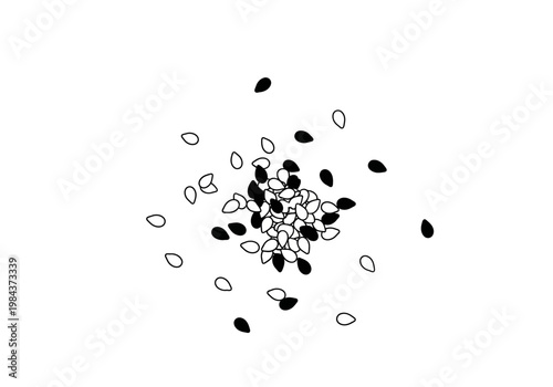 Black and white seeds are scattered on a surface in an abstract illustration.