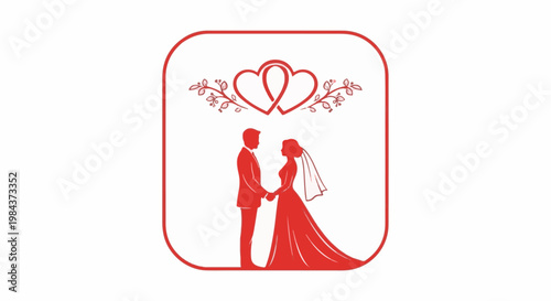 Red silhouette of a wedding couple holding hands beneath intertwined hearts