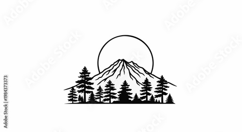 Silhouette of a conical mountain peak behind a line of pine trees under a full circle sun