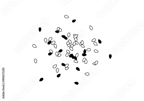 Black seeds and white seeds are scattered on a surface.